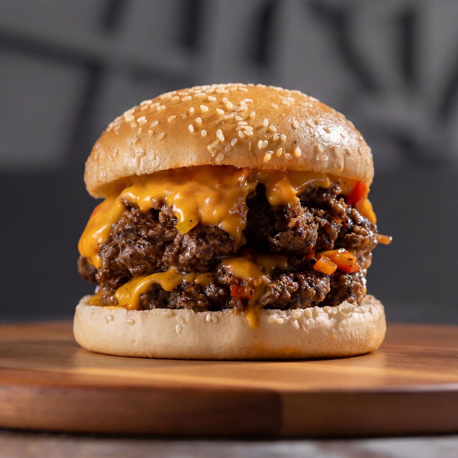 Double smash burger with melted cheese and peppers on a sesame bun on a wooden board at Barga Eastleigh, burger food photography